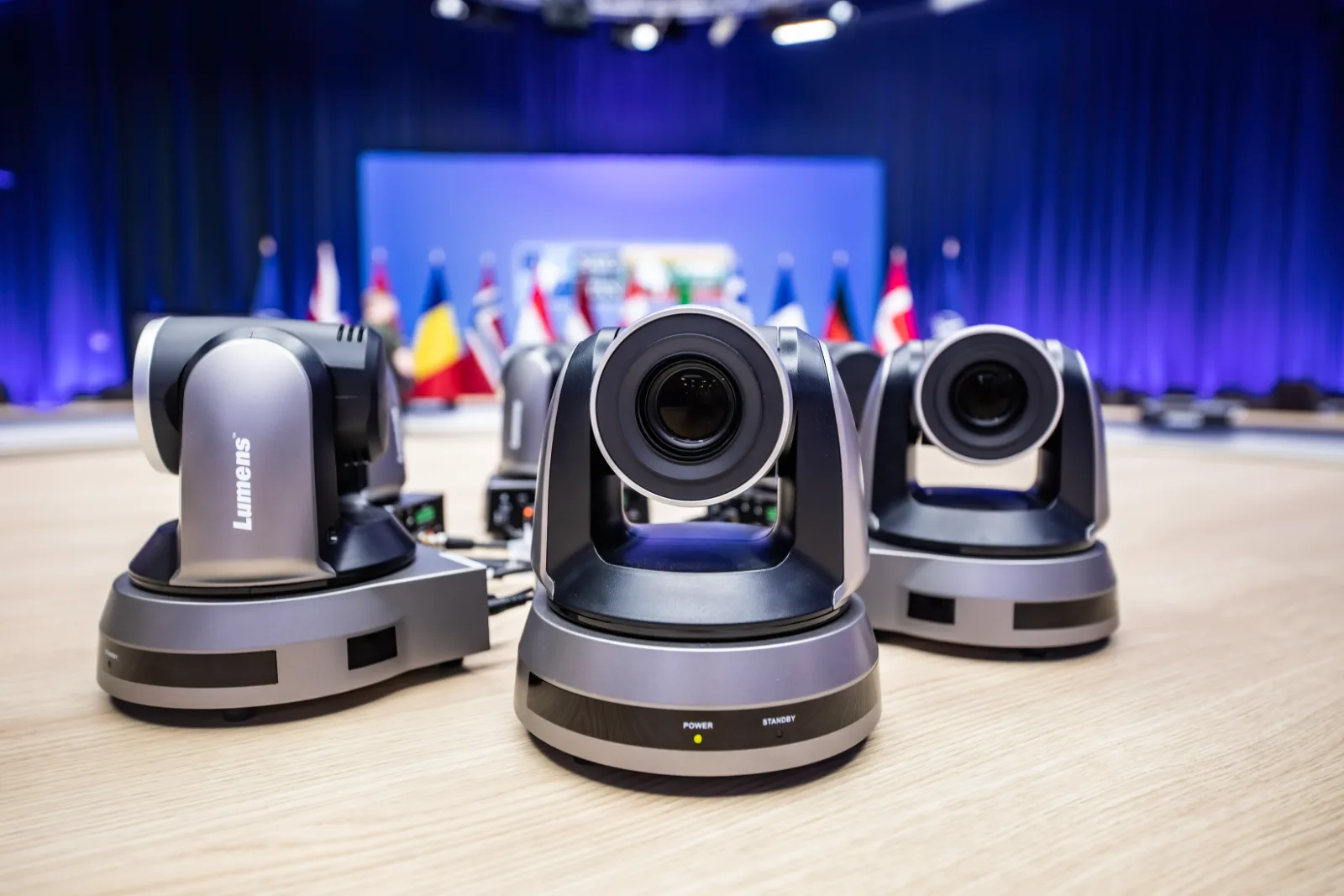 A fitted conference hall with cameras